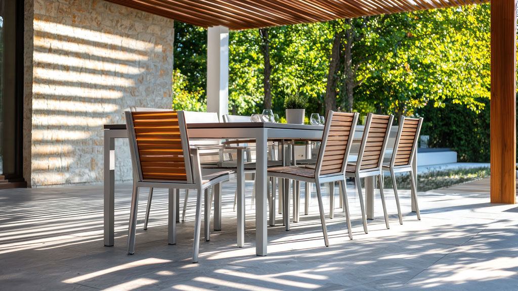 Détail de la texture aluminium effet bois d'une table de jardin extensible avec arrière-plan jardin