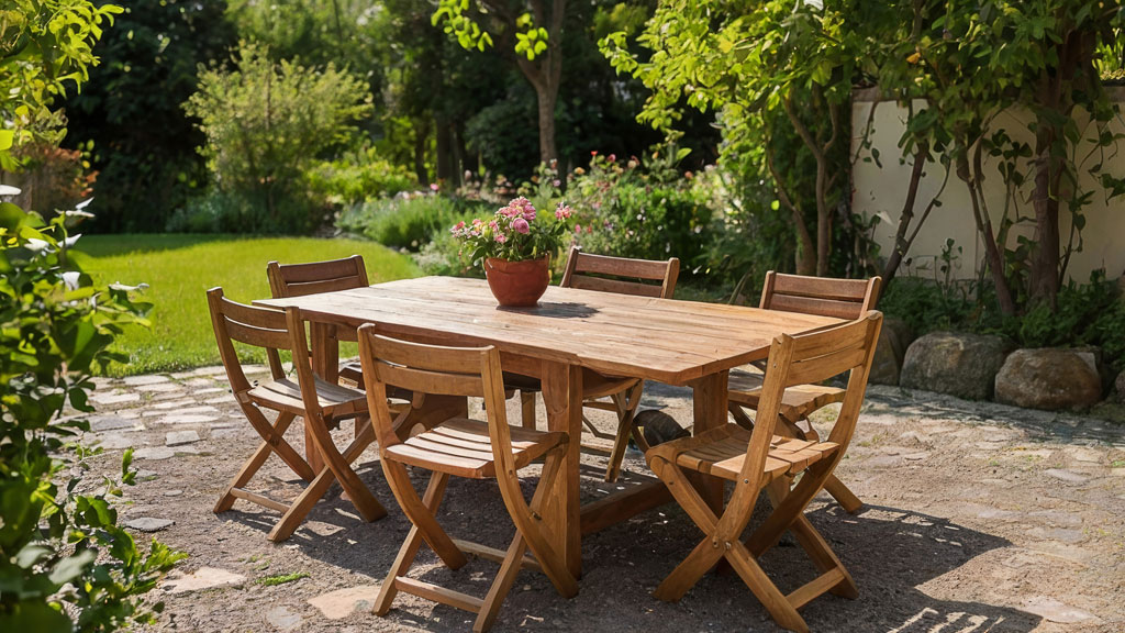 Personne dépliant la rallonge d'une table de jardin extensible sur terrasse résidentielle
