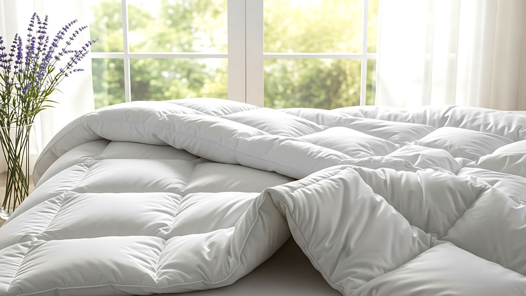 Gros plan sur la texture gonflante d'une couette en fibres naturelles