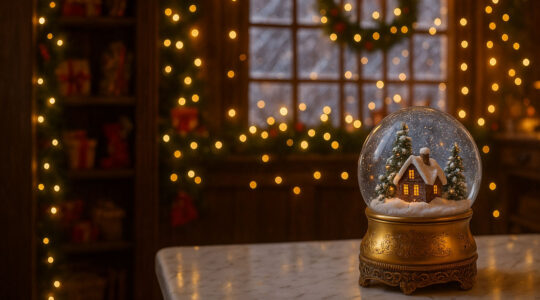 Boule à neige de Noël avec décor miniature hivernal, posée sur une table en bois, ambiance chaleureuse et festive en arrière-plan