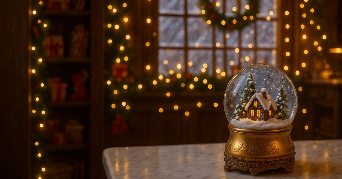 Boule à neige de Noël avec décor miniature hivernal, posée sur une table en bois, ambiance chaleureuse et festive en arrière-plan