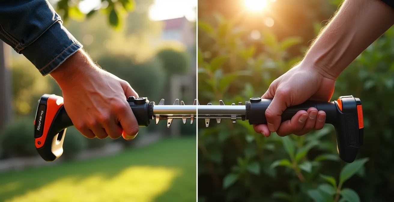 Composition illustrant le contraste entre une débroussailleuse Husqvarna à batterie moderne et une thermique, mettant en scène l'ergonomie, la légèreté et l'absence de vibrations visibles de la batterie face à la puissance robuste du thermique