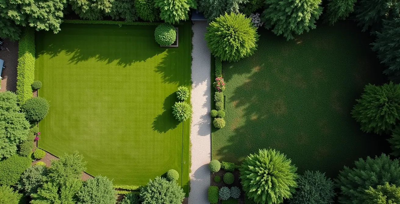Vue aérienne contrastée montrant d'un côté un petit jardin résidentiel entretenu et de l'autre un vaste domaine avec végétation dense et ronces, illustrant la gamme des besoins utilisateurs