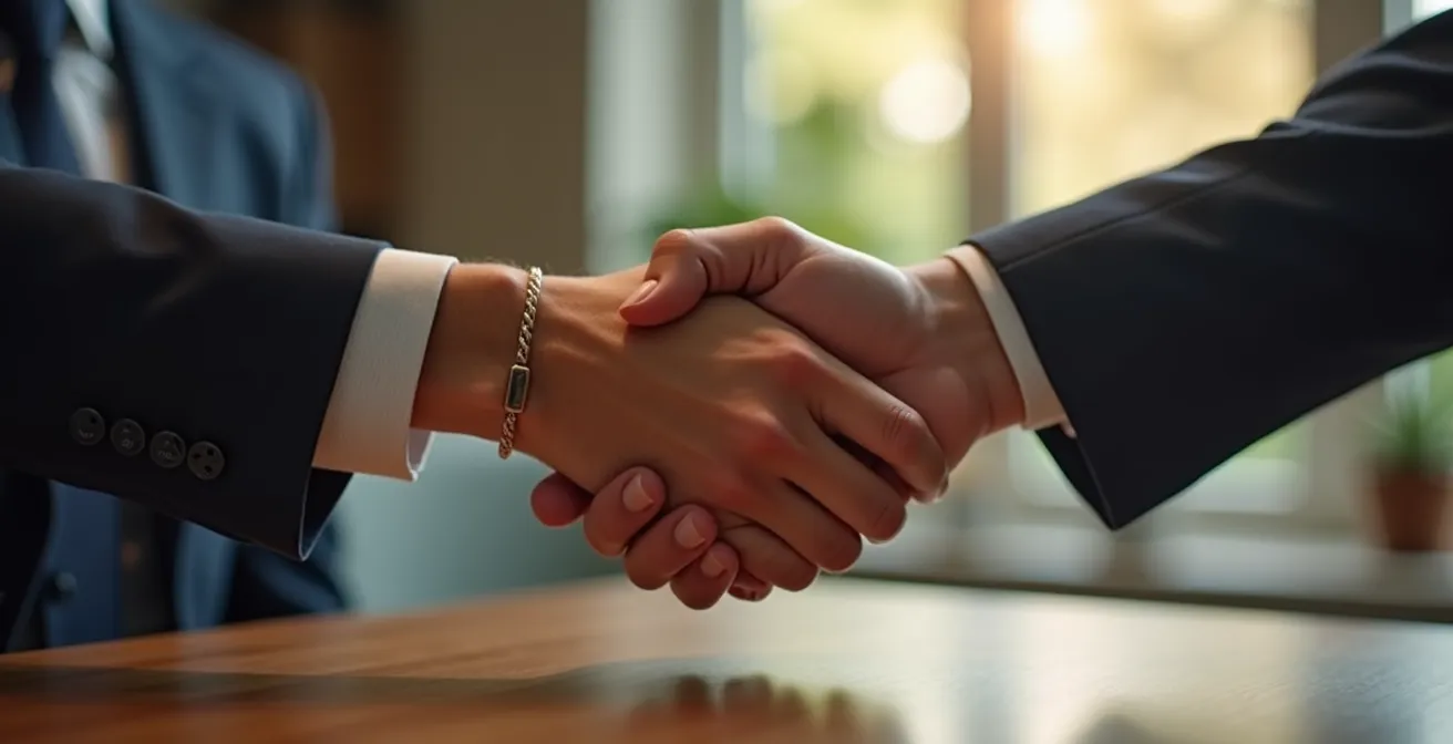 Une poignée de main entre deux personnes (close-up des mains), symbole de transmission et de protection patrimoniale, photographiée avec bokeh naturel et texture fine des mains.