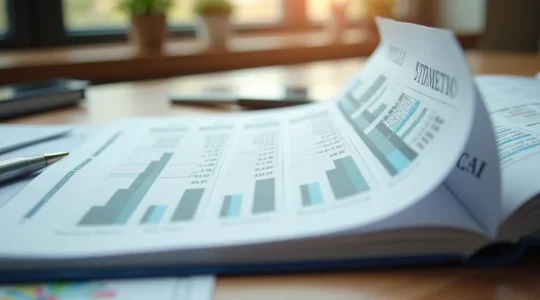 Un portefeuille ouvert contenant des documents financiers et des graphiques sans texte lisible, représentant la planification patrimoniale du PER dans un environnement minimaliste et épuré.