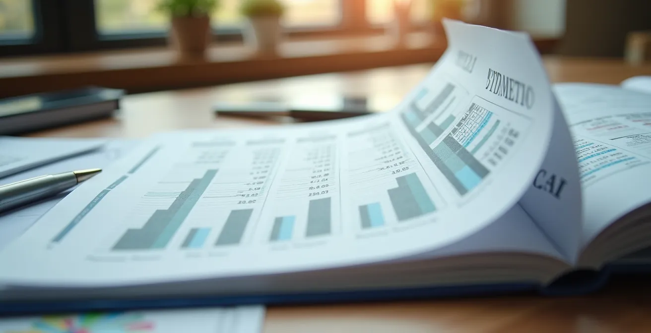 Un portefeuille ouvert contenant des documents financiers et des graphiques sans texte lisible, représentant la planification patrimoniale du PER dans un environnement minimaliste et épuré.