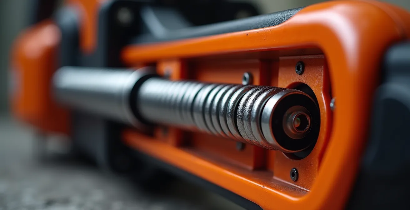 Détail macro de la poignée d'une débroussailleuse Husqvarna mettant en évidence les amortisseurs en ressort acier intégrés dans la technologie LowVib®, avec les vibrations visibles réduites