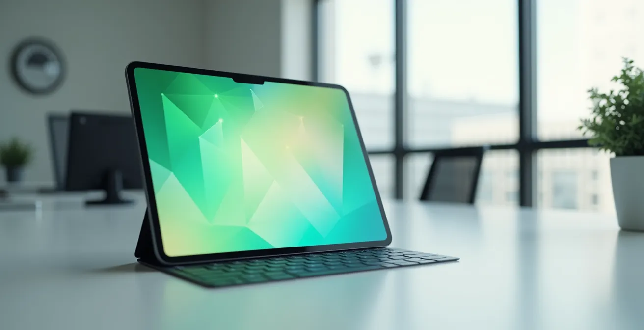 Espace de travail moderne avec visualisations énergétiques sur écrans