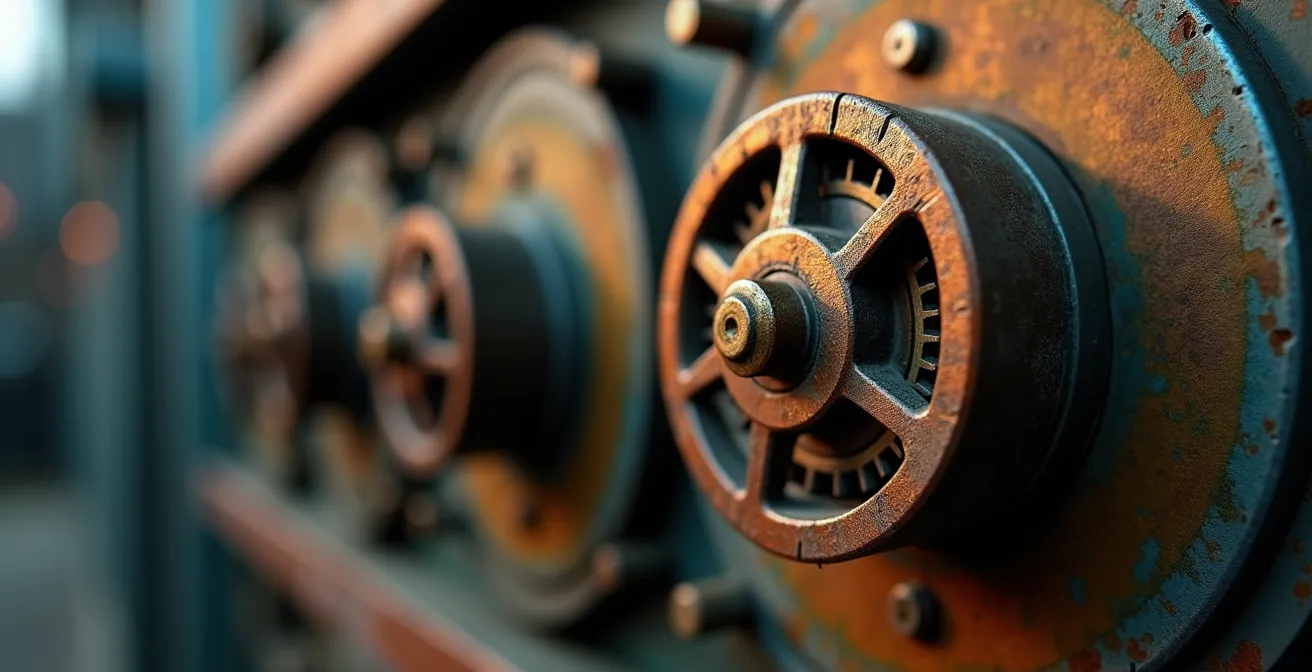 Gros plan sur les mécanismes d'un compteur électrique industriel