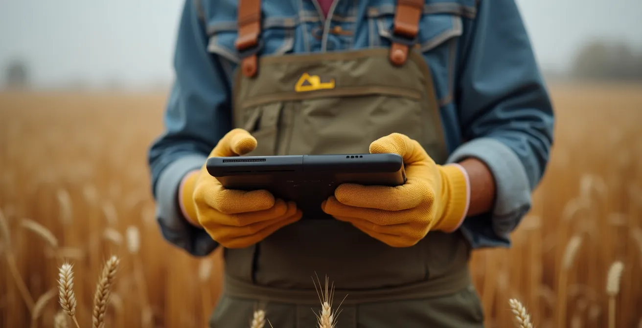 Agriculteur configurant son système de facturation sur tablette tactile dans un champ