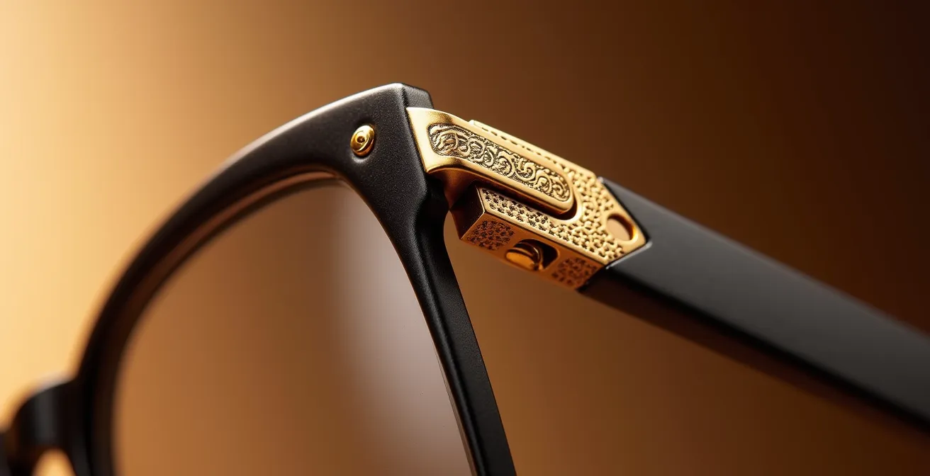 Détail macro d'une charnière de lunettes en métal doré