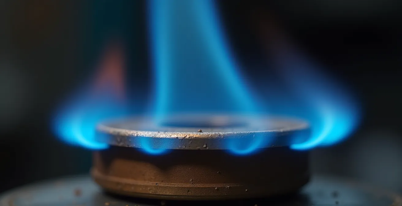Détail macro d'un brûleur industriel au propane