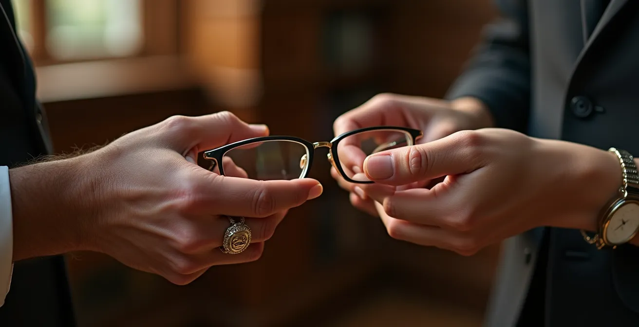 Mains tendant délicatement des lunettes de luxe entre générations