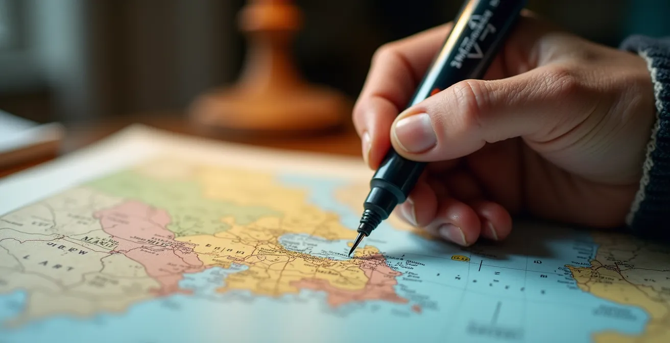 Gros plan sur une main annotant une carte du Japon avec des marqueurs colorés