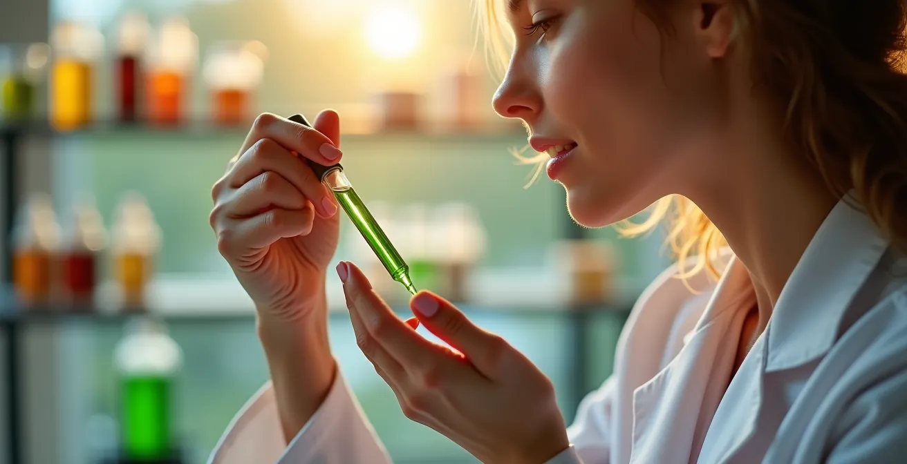 Mains de scientifique analysant des extraits de plantes en laboratoire