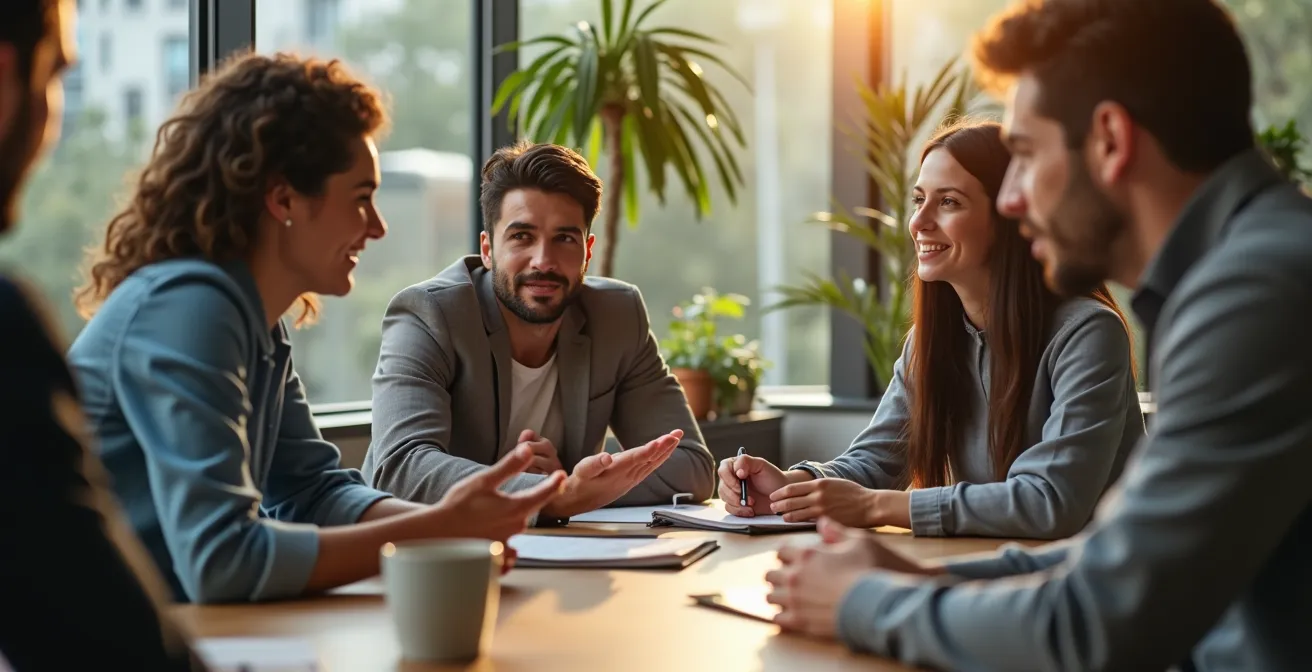 Professionnels en réunion autour d'une table avec éléments naturels