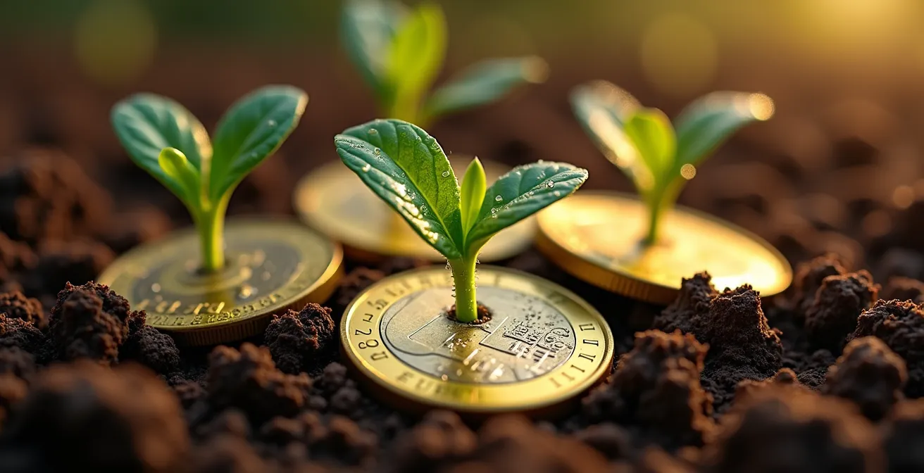 Pièces dorées germinant dans une terre fertile symbolisant la croissance financière agricole