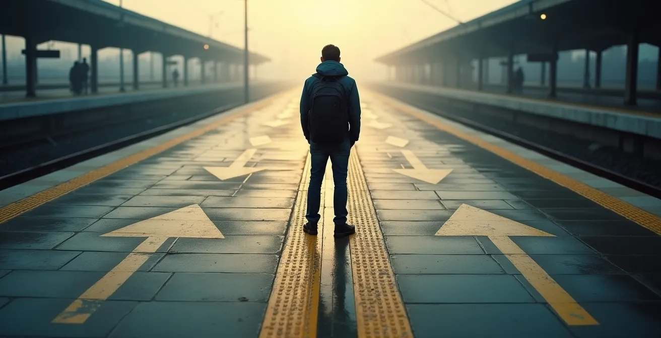 Voyageur face à des panneaux directionnels multiples dans une gare japonaise