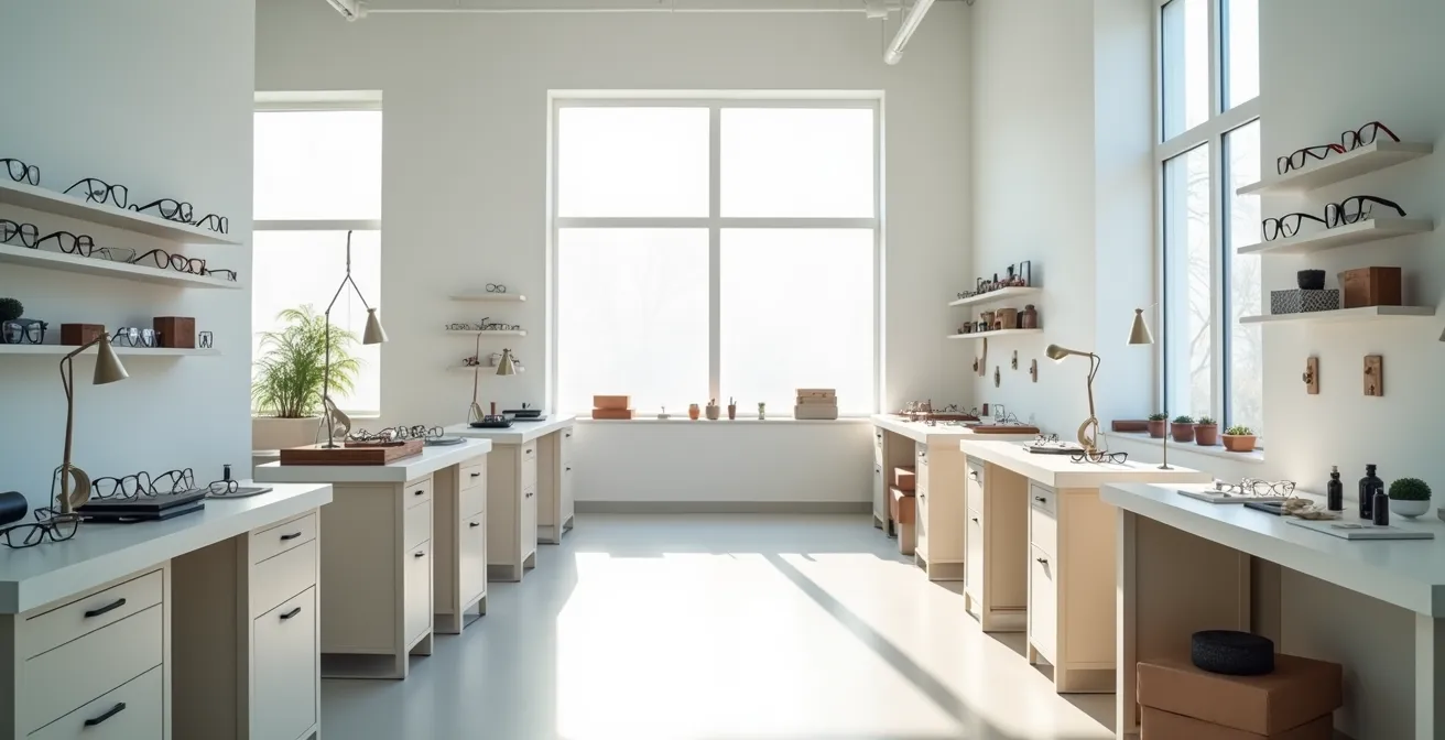 Vue d'ensemble d'un atelier de lunetterie de luxe avec outils et matériaux nobles