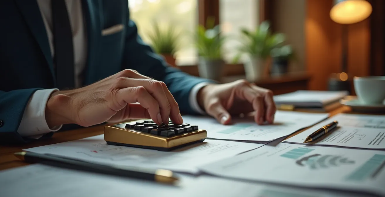 Mains expertes analysant des documents financiers avec calculatrice dorée