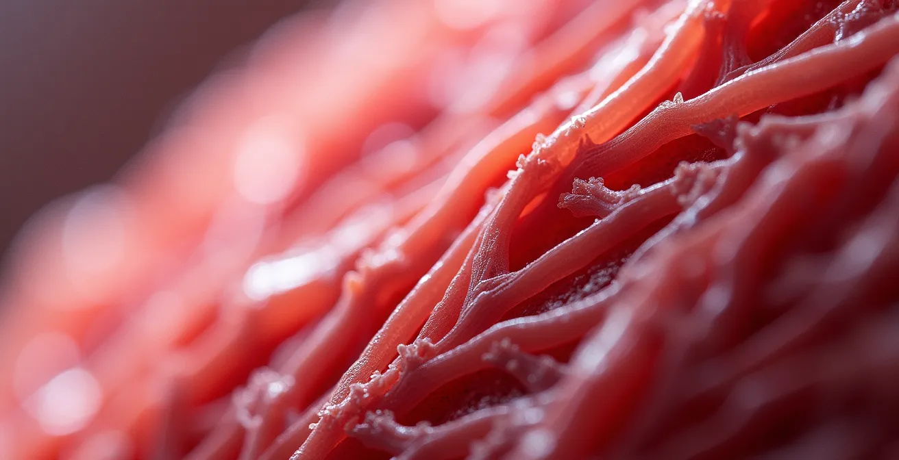 Vue macro de fibres musculaires montrant la texture et les détails anatomiques