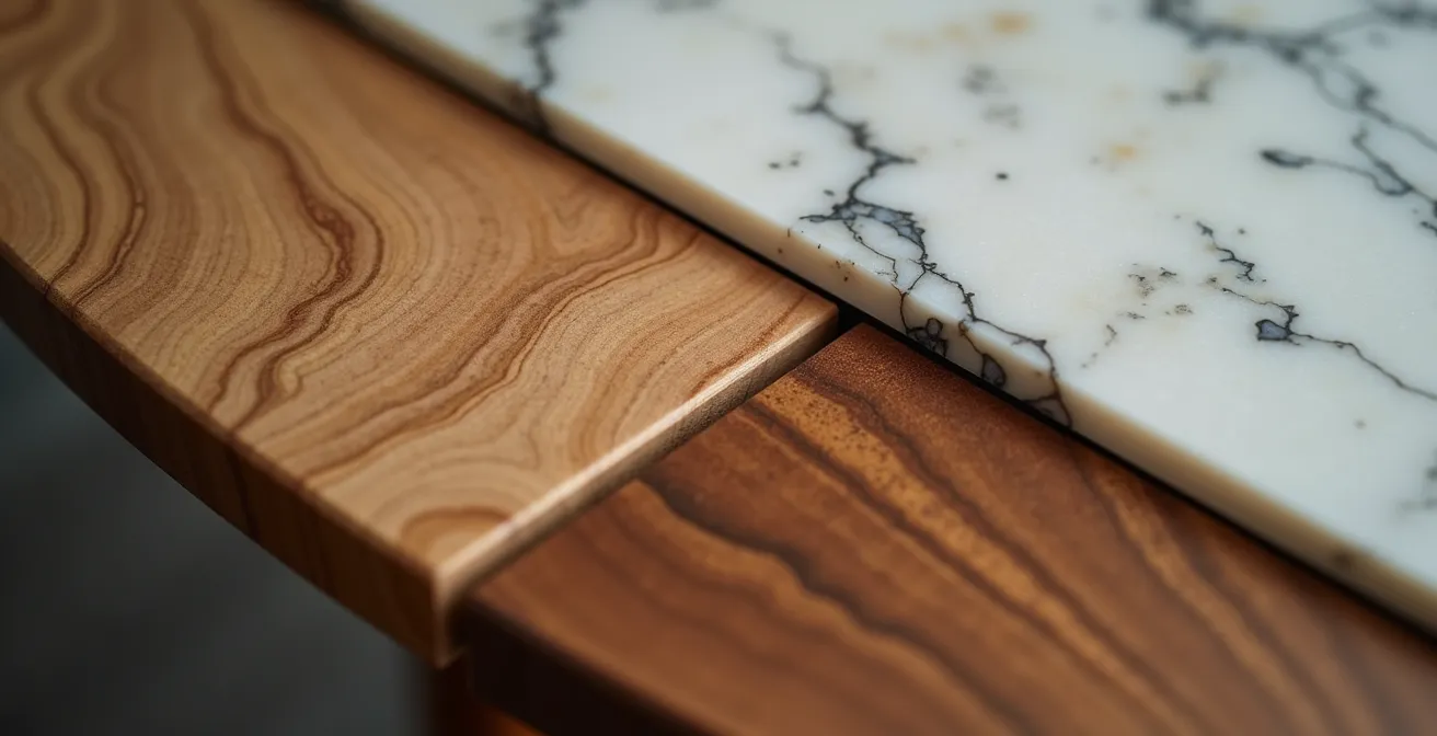 Détails de textures contrastées entre bois naturel et marbre veiné