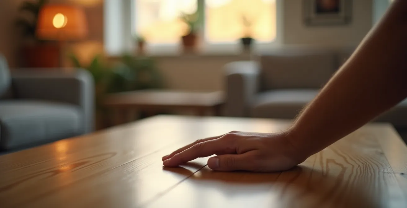 Main posée sur une table basse en bois massif dans un salon chaleureux