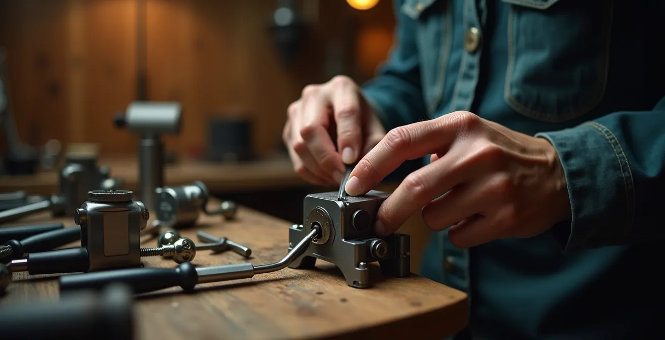 Mains d'artisan travaillant avec précision sur un assemblage délicat