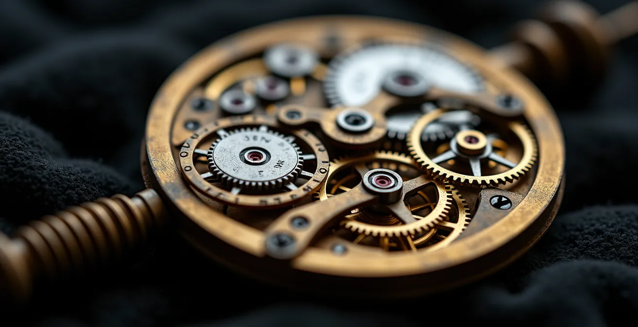 Détail macro de mécanisme d'horlogerie complexe symbolisant la synchronisation des aides