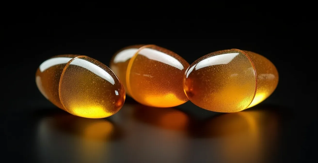 Vue macro de capsules d'oméga-3 montrant différents stades d'oxydation