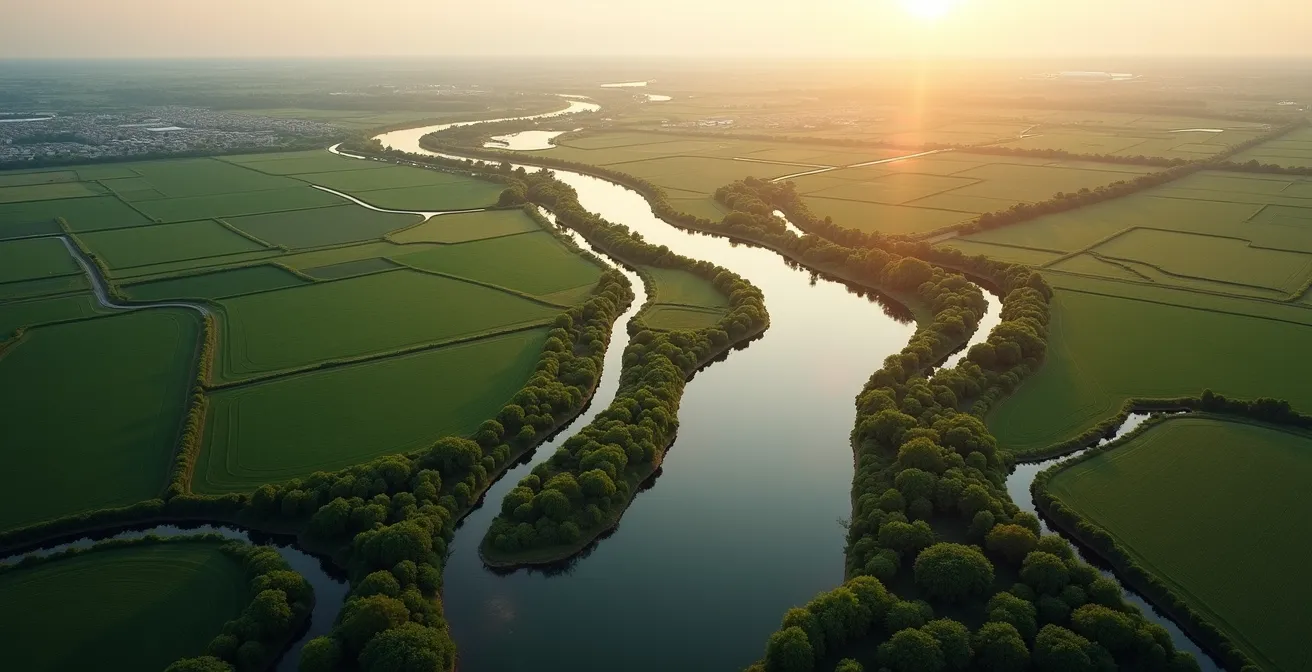 Vue aérienne d'un réseau hydrographique naturel symbolisant la distribution des aides
