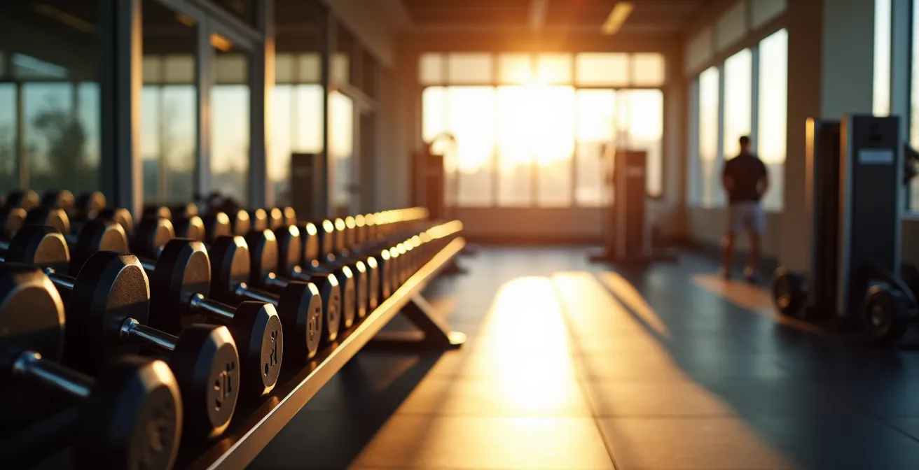 Vue en perspective d'une salle de musculation moderne avec équipements variés