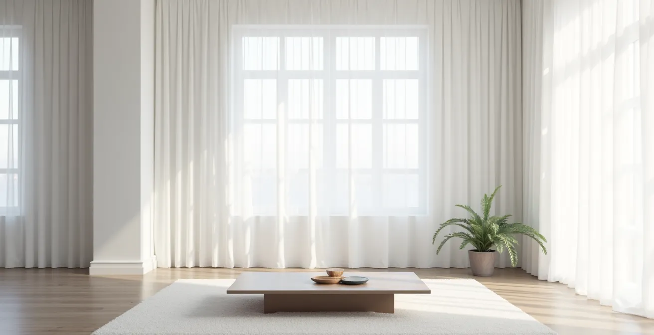 Salon minimaliste avec table basse centrale créant l'harmonie spatiale