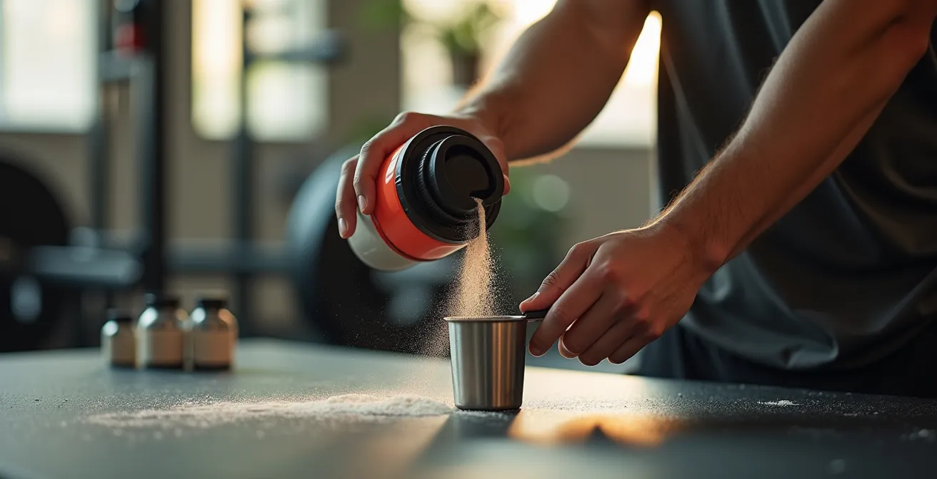 Mains d'athlète préparant un shake post-entraînement dans un environnement sportif