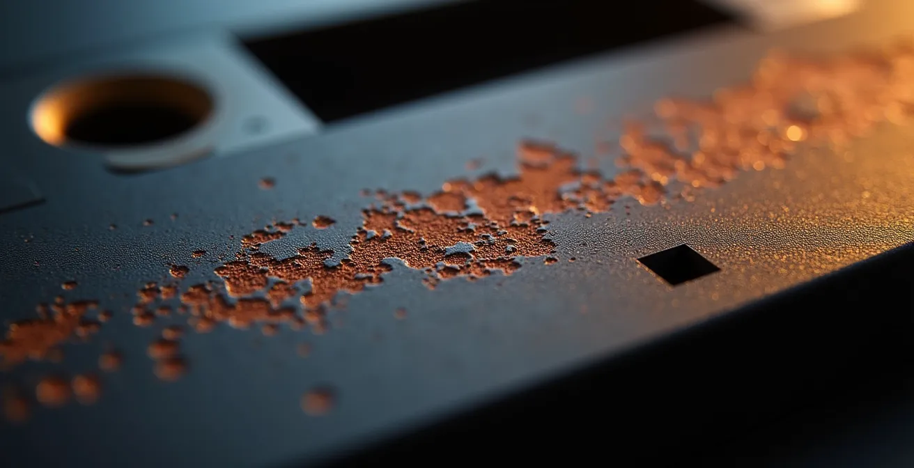 Vue microscopique d'une bande magnétique montrant l'oxydation