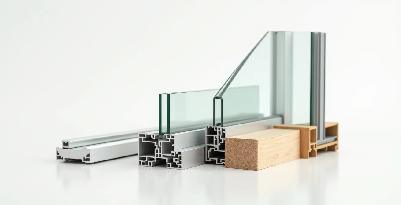 Vue d'ensemble d'une fenêtre montrant différents composants et matériaux en coupe