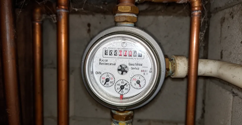 Compteur d'eau résidentiel avec cadran et chiffres visibles dans un espace technique