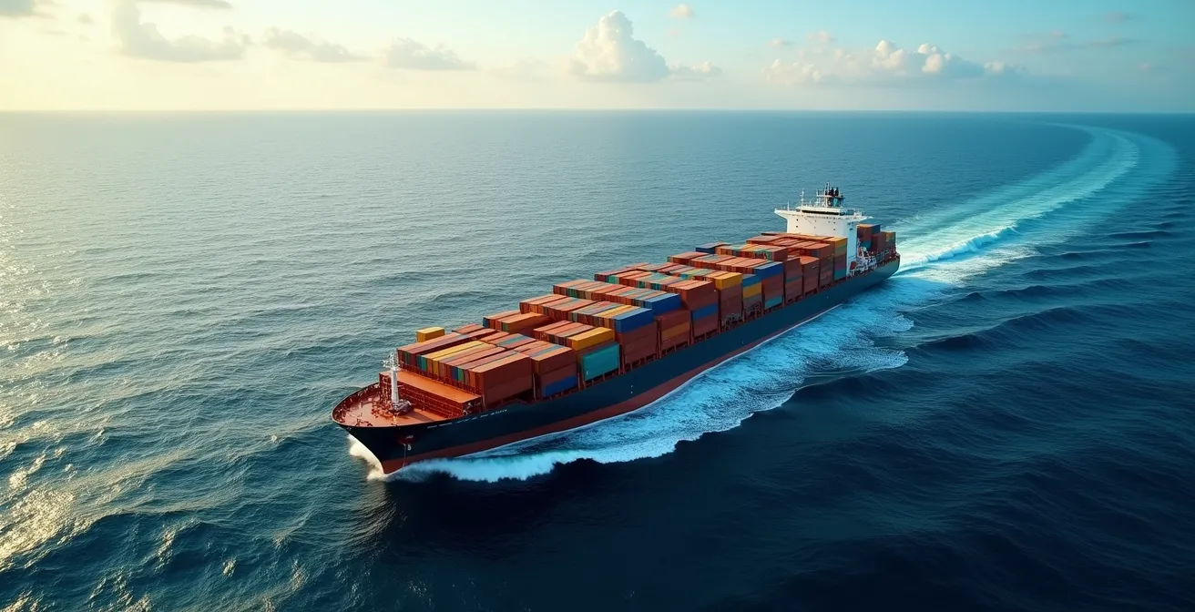 Vue aérienne d'un cargo transportant des conteneurs sur l'océan