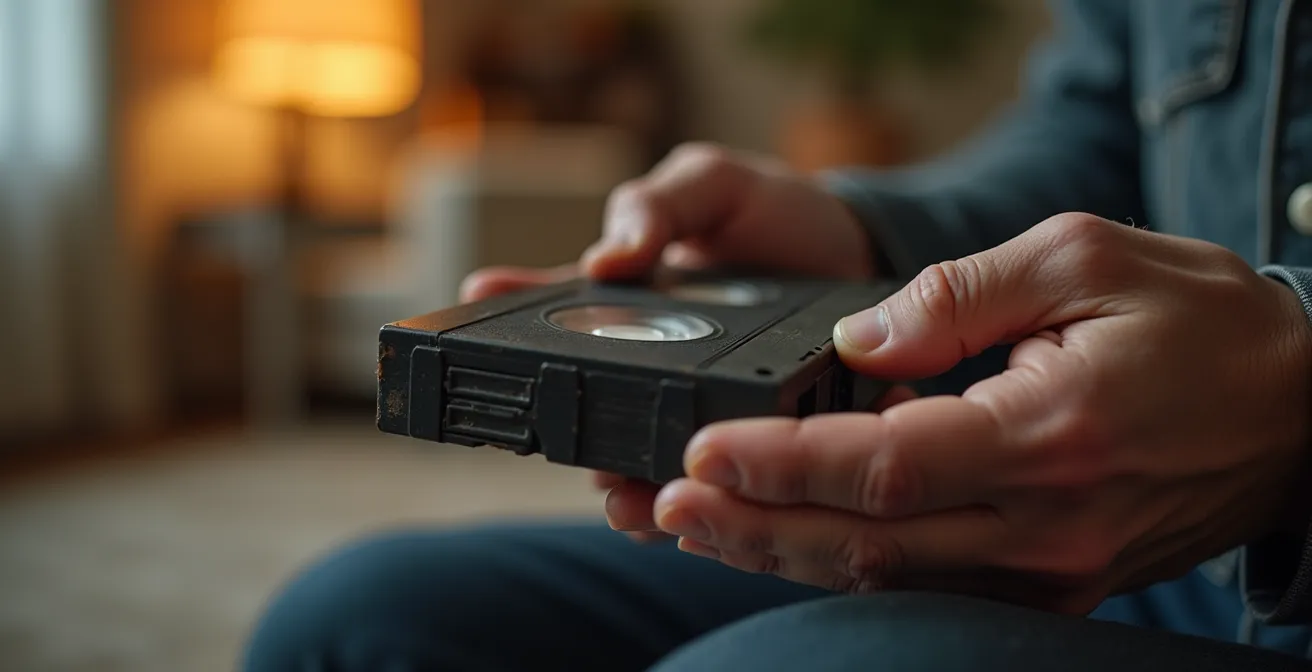 Mains tenant délicatement une cassette VHS pour inspection