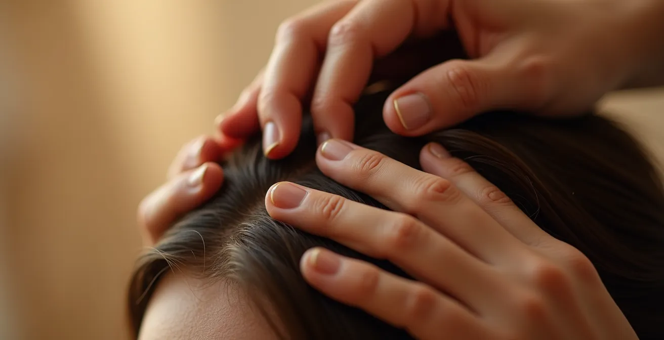 Gros plan sur des mains expertes effectuant un massage du cuir chevelu