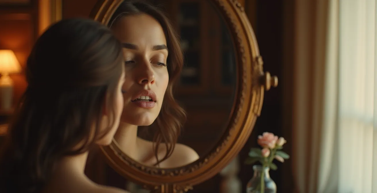 Personne en moment de contemplation devant un miroir de salon vintage