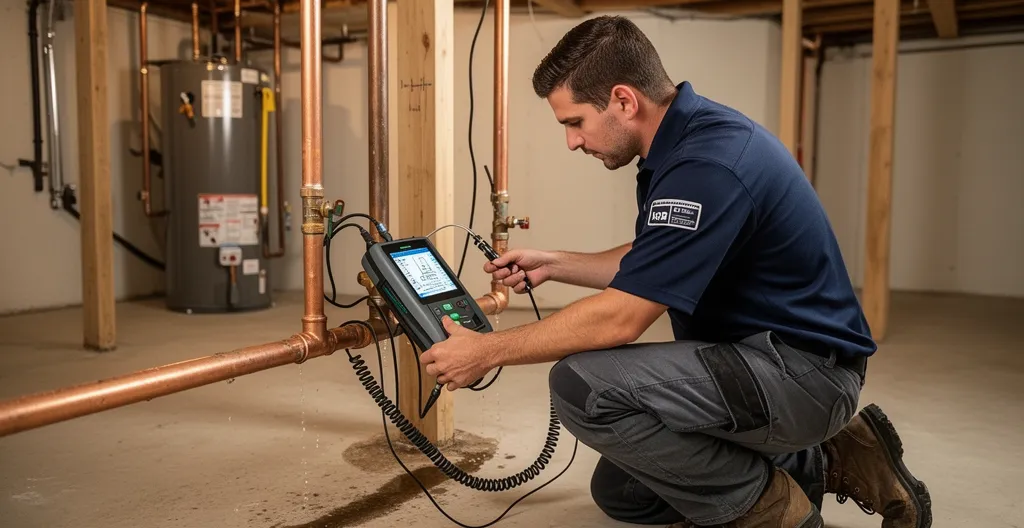 Technicien professionnel utilisant un appareil de détection acoustique sur une canalisation