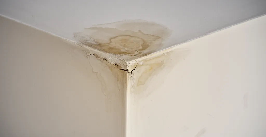 Mur intérieur présentant une auréole d'humidité et une peinture légèrement cloquée près du plafond