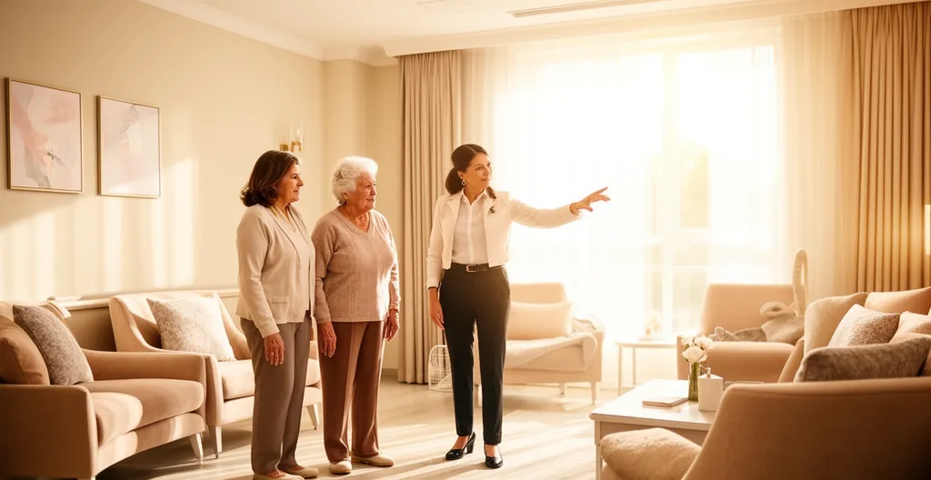 Directrice d'établissement présentant une chambre lumineuse à une famille en visite