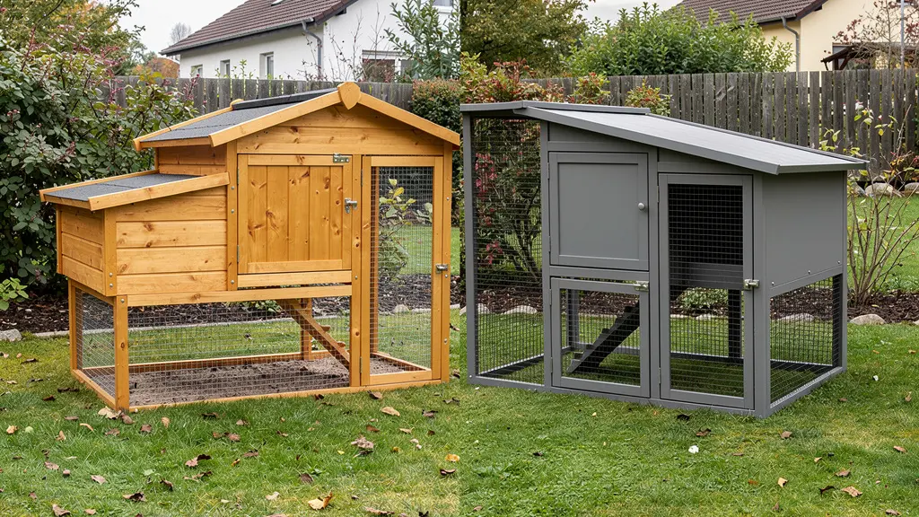 Deux poulaillers côte à côte montrant la différence entre bois et plastique recyclé