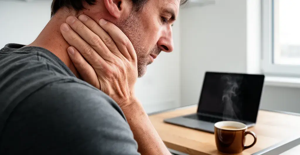 Professionnelle européenne fatiguée prenant une pause devant son ordinateur main sur la nuque