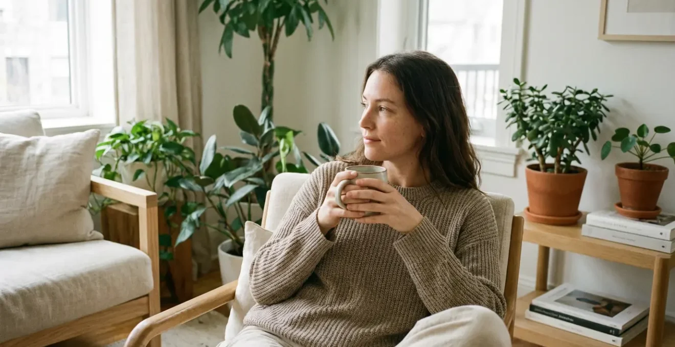 Femme européenne détendue dans son salon lumineux savourant un moment de calme avec une tasse chaude