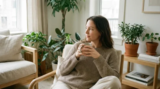 Femme européenne détendue dans son salon lumineux savourant un moment de calme avec une tasse chaude