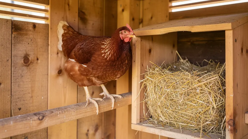 Intérieur de poulailler avec perchoir et pondoir garni de paille