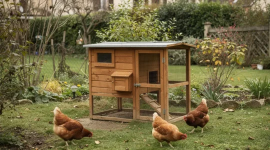 Poulailler en bois ouvert avec poules rousses picorant dans un jardin familial